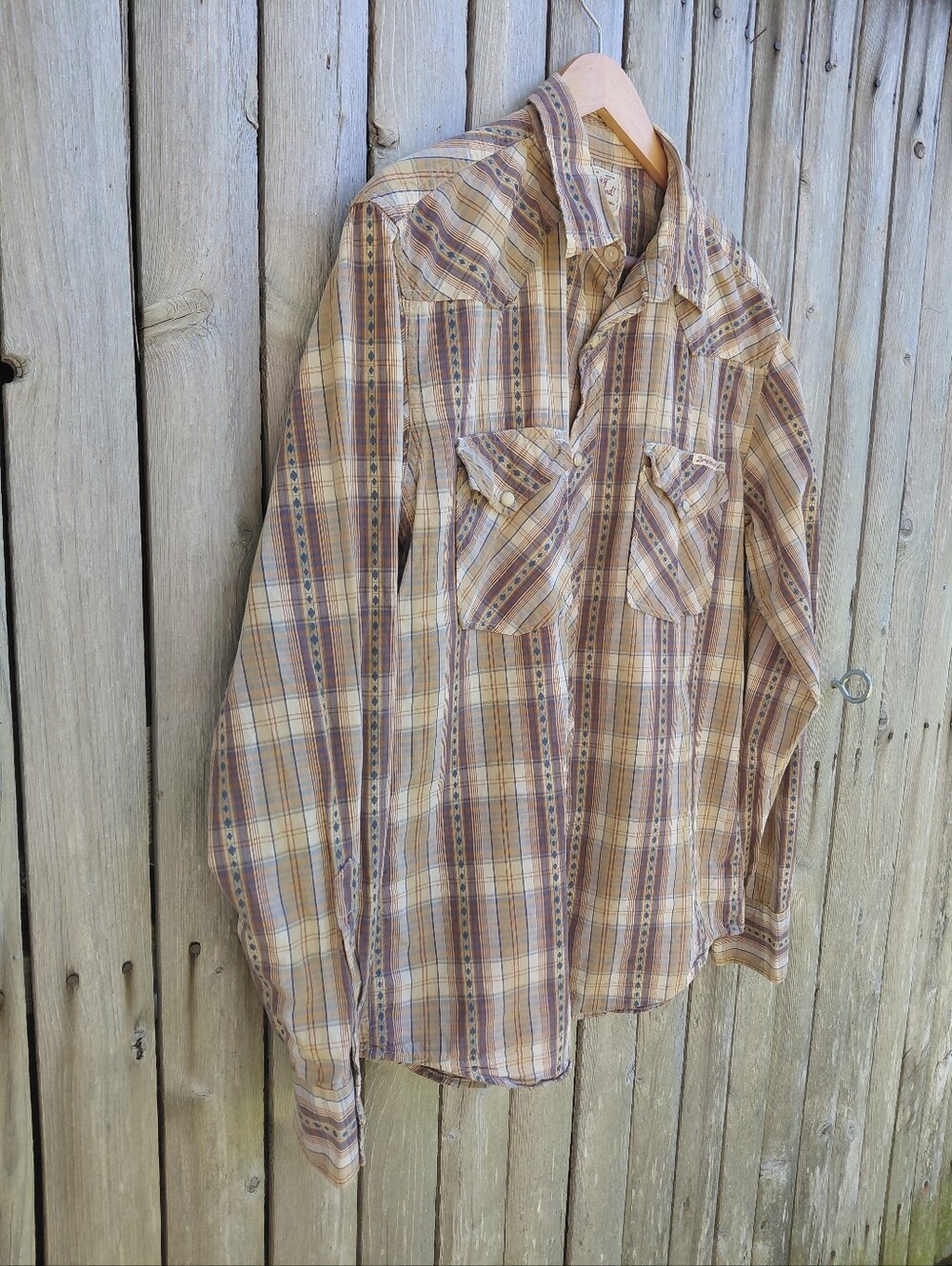 Lucky Brand western style pearl snap brown & navy blue plaid shirt Womens M - Picture 2 of 12